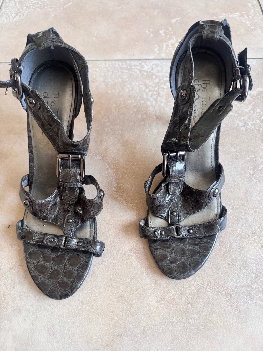 Nina Black Croc-Embossed Strappy Buckle Heels